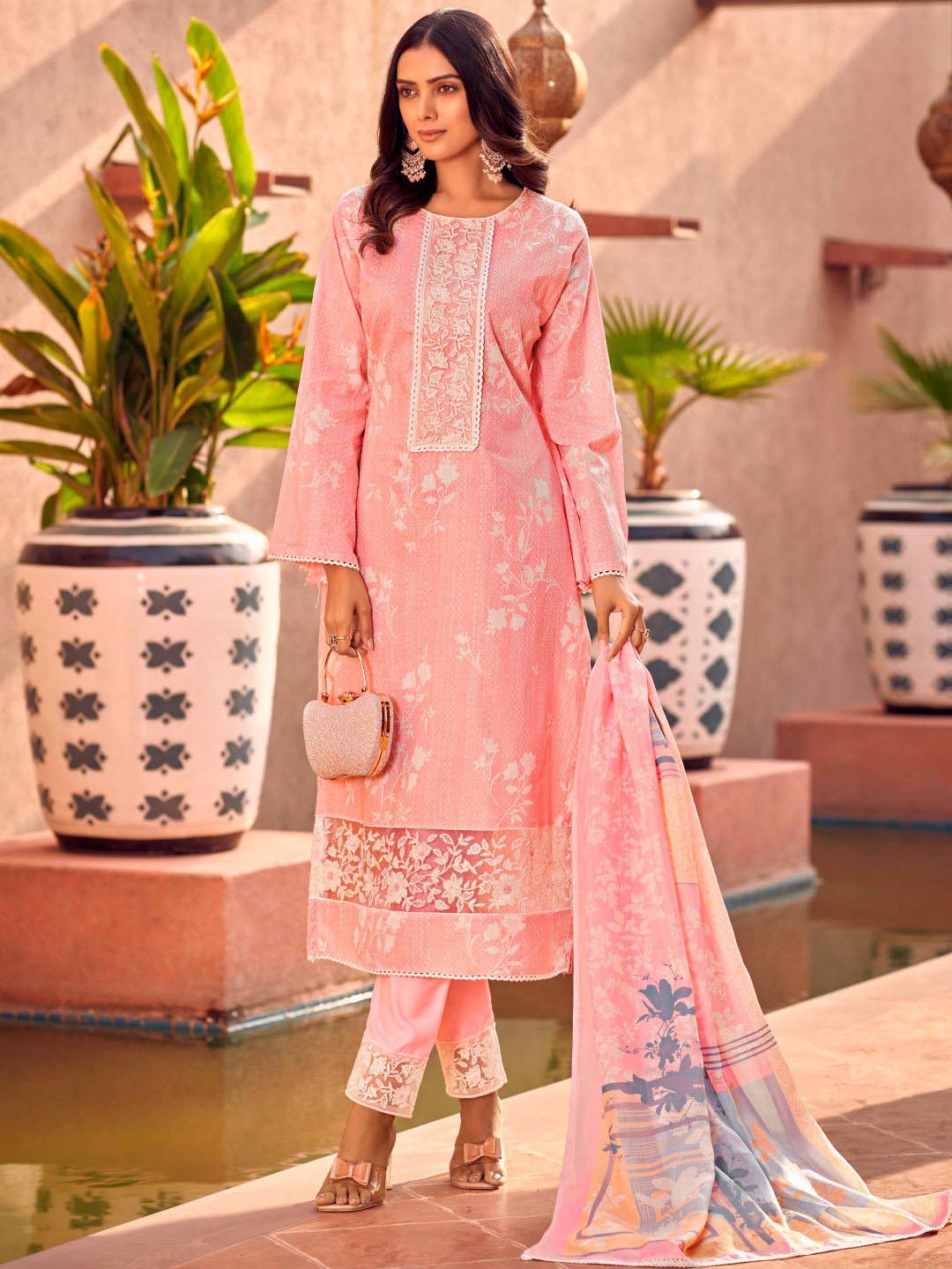 Masakali Embroidered Pink Cotton Unstitched Suit Set