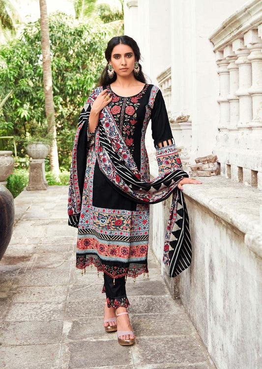 Levisha Pakistani Print Unstitched Cotton Suit Material Black