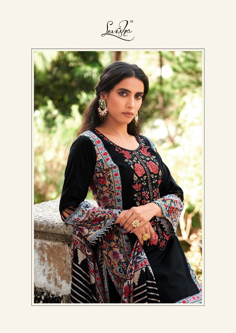 Levisha Pakistani Print Unstitched Cotton Suit Material Black
