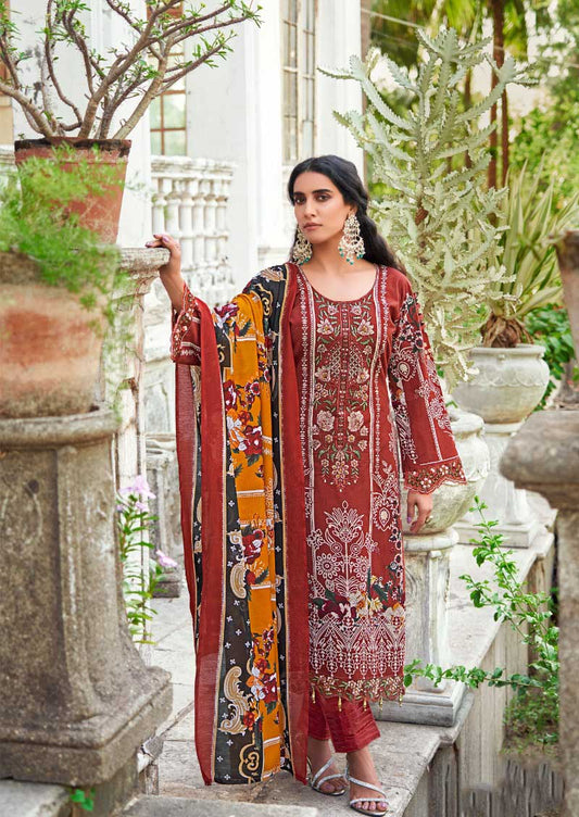 Levisha Pakistani Print Unstitched Cotton Suit Material Red