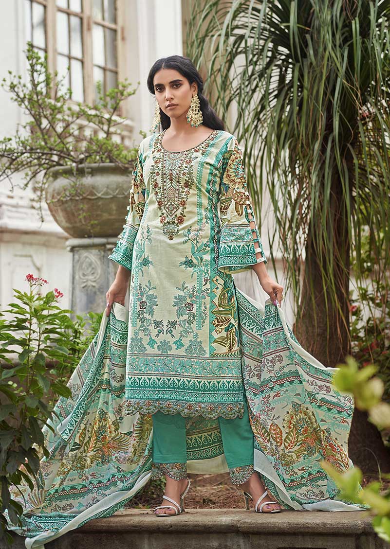 Levisha Pakistani Print Unstitched Cotton Suit Material Green