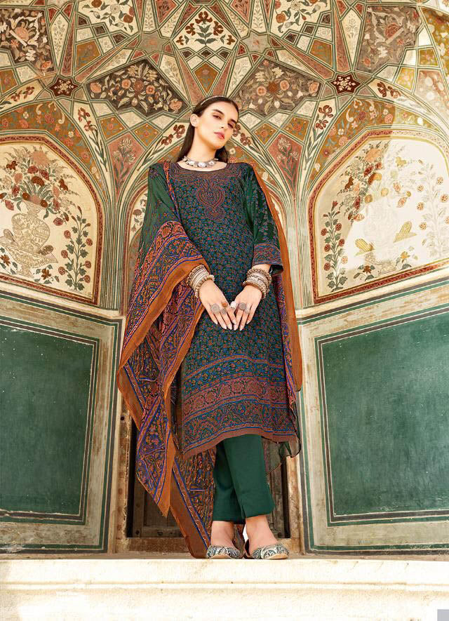 Unstiched Green Kani Style Print Suits with Chiffon Duppata - Stilento