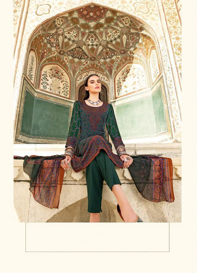 Unstiched Green Kani Style Print Suits with Chiffon Duppata - Stilento