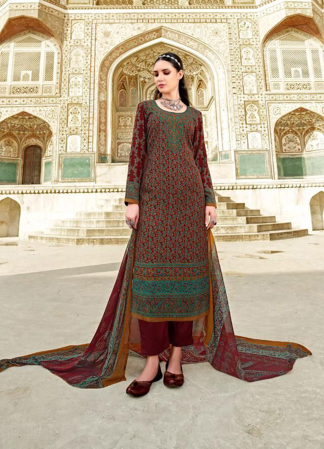 Unstiched Red Kani Style Print Suits with Chiffon Duppata - Stilento
