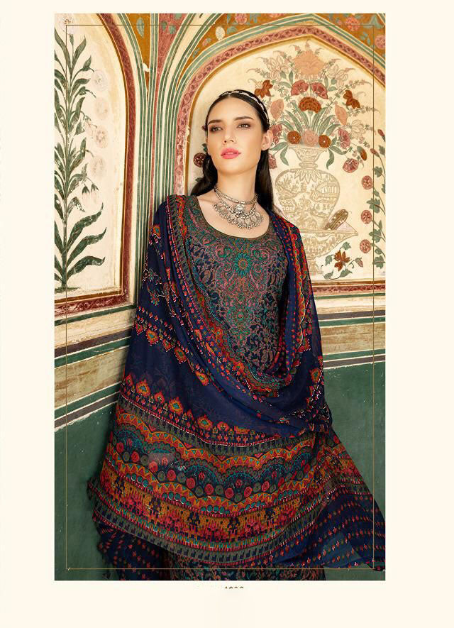 Unstiched Blue Kani Print Suits for Ladies with Chiffon Duppata - Stilento