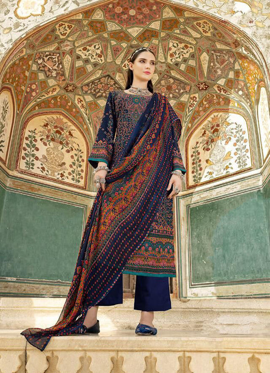 Unstiched Blue Kani Print Suits for Ladies with Chiffon Duppata