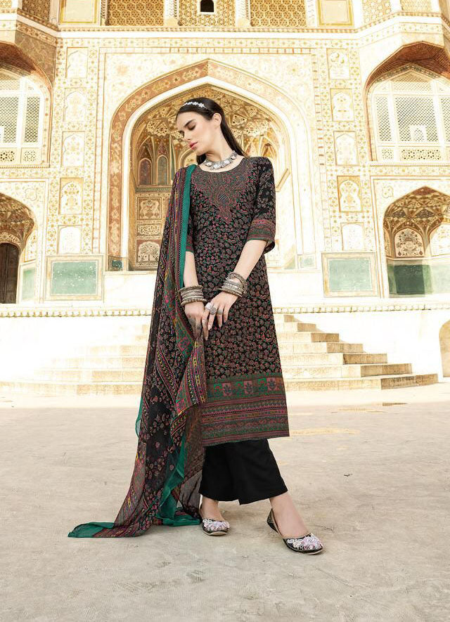 Unstiched Black Kani Style Print Suits with Chiffon Duppata - Stilento