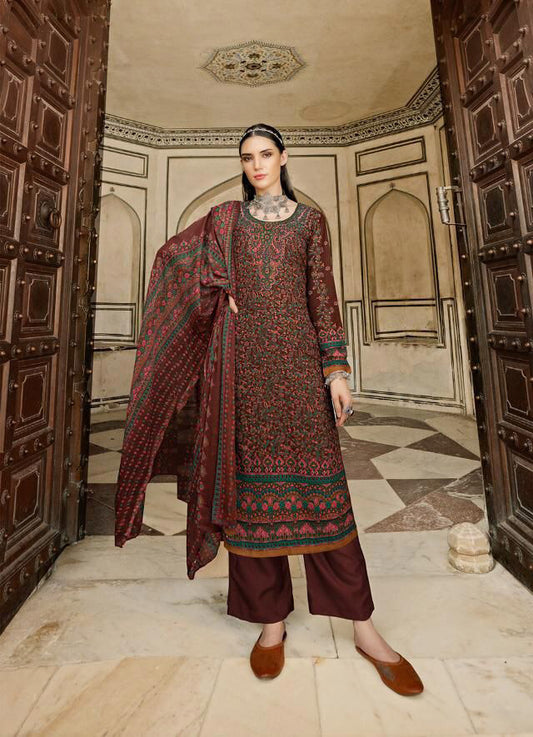 Unstiched Maroon Kani Style Print Suits with Chiffon Duppata