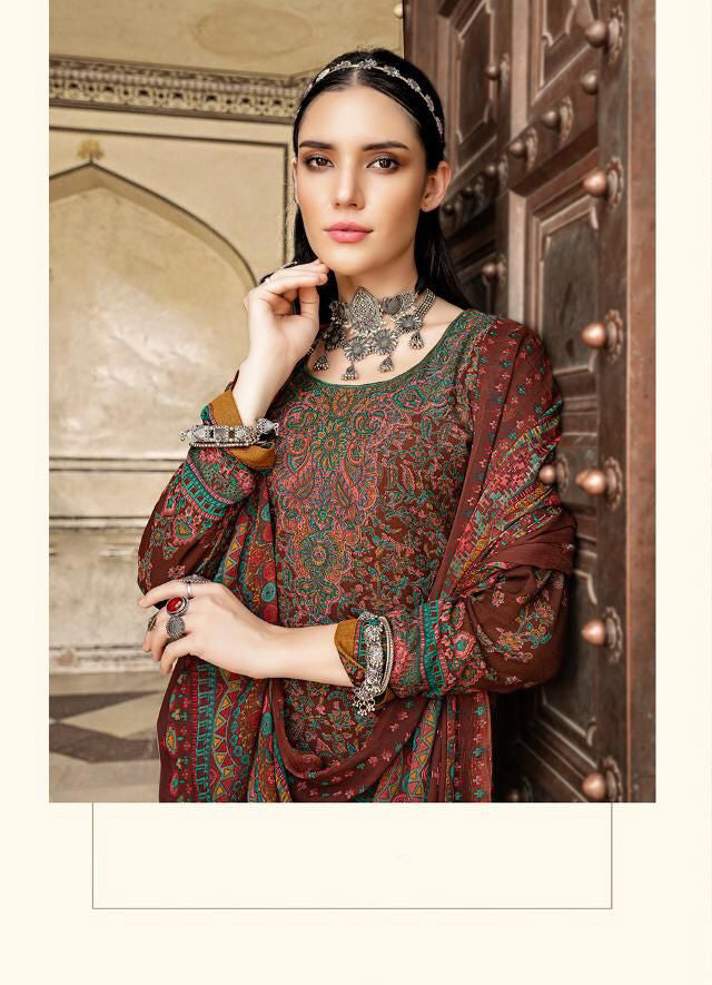 Unstiched Maroon Kani Style Print Suits with Chiffon Duppata - Stilento