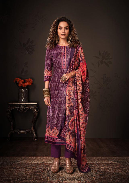 Belliza Velvet Purple Unstiched Winter Suits With Stole