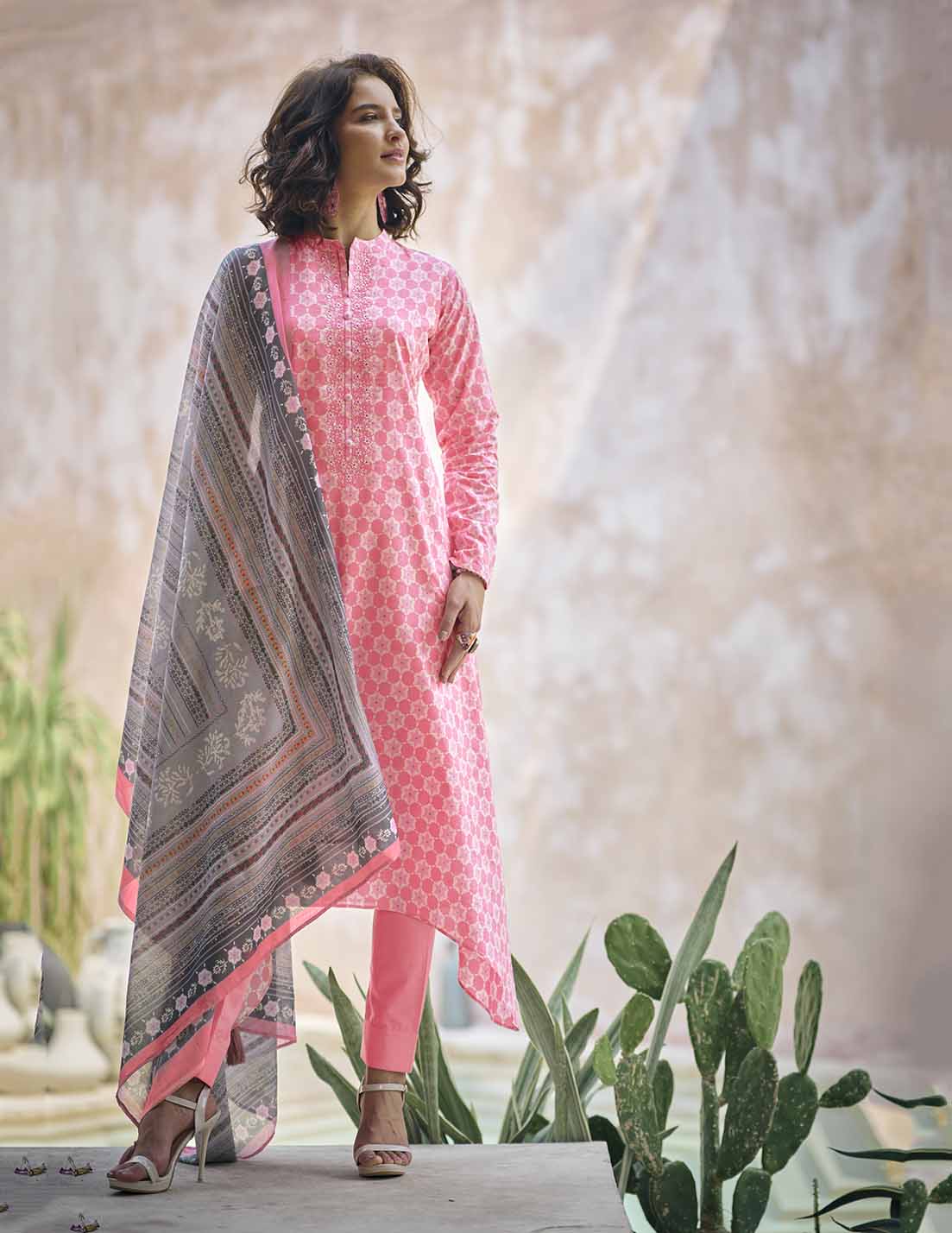Unstitched Pure Lawn Cotton Pink Suit Material with Embroidery