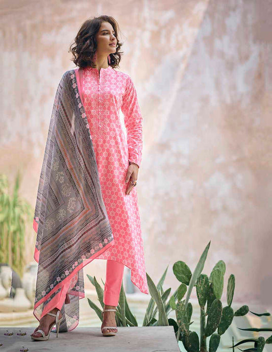 Unstitched Pure Lawn Cotton Pink Suit Material with Embroidery