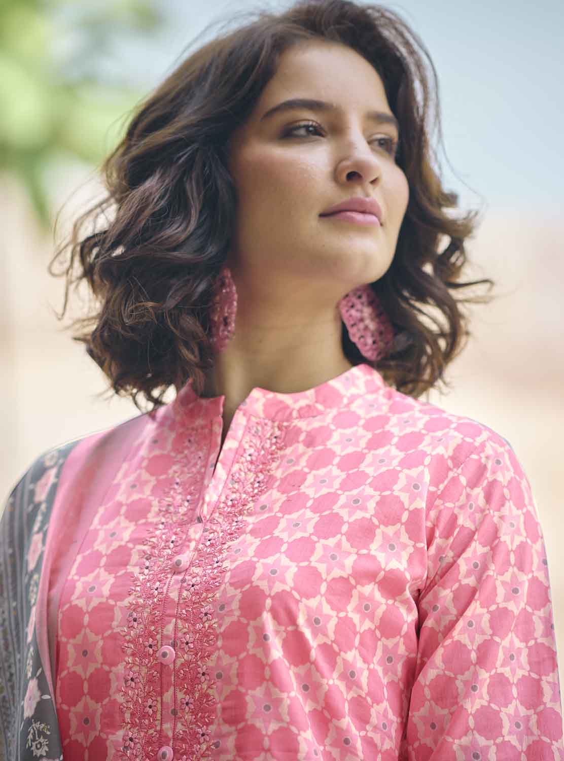 Unstitched Pure Lawn Cotton Pink Suit Material with Embroidery