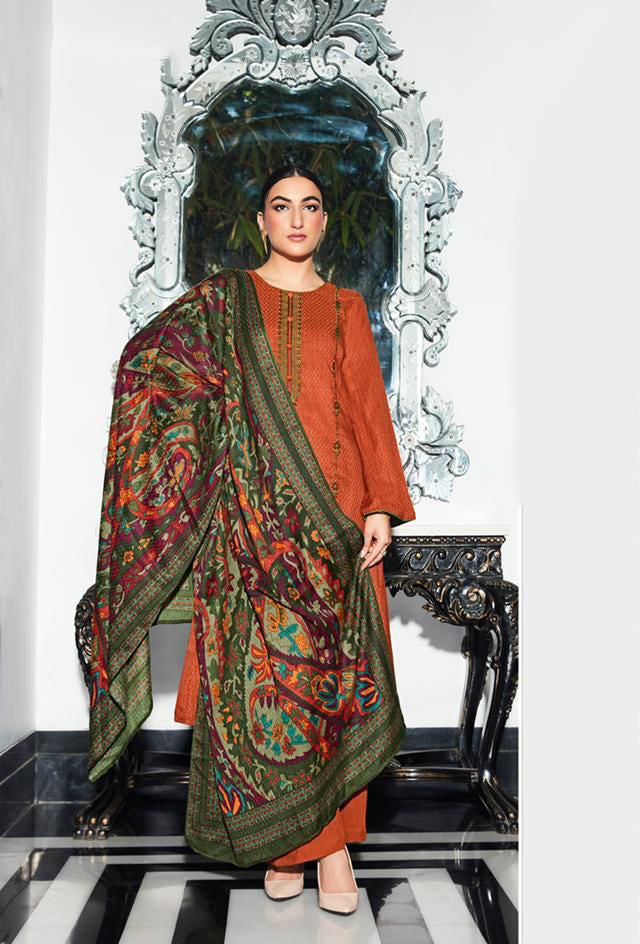 Mumtaz Arts Pashmina Orange Winter Unstitched Suits for Ladies - Stilento