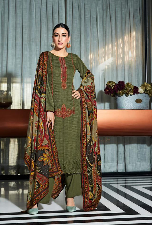 Mumtaz Arts Pashmina Green Winter Unstitched Suits for Ladies