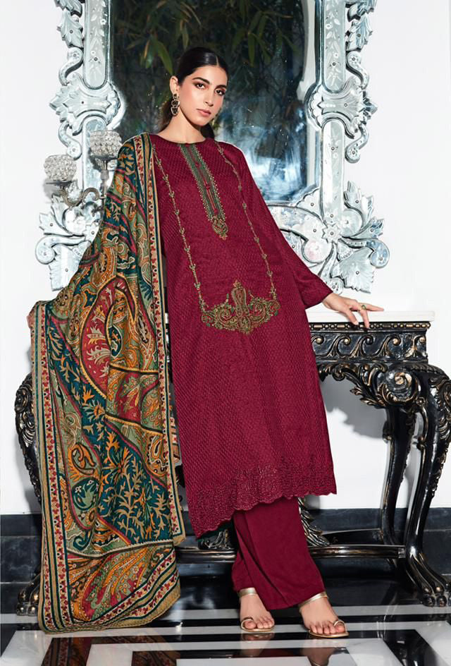 Mumtaz Arts Pashmina Maroon Winter Unstitched Suits for Ladies - Stilento