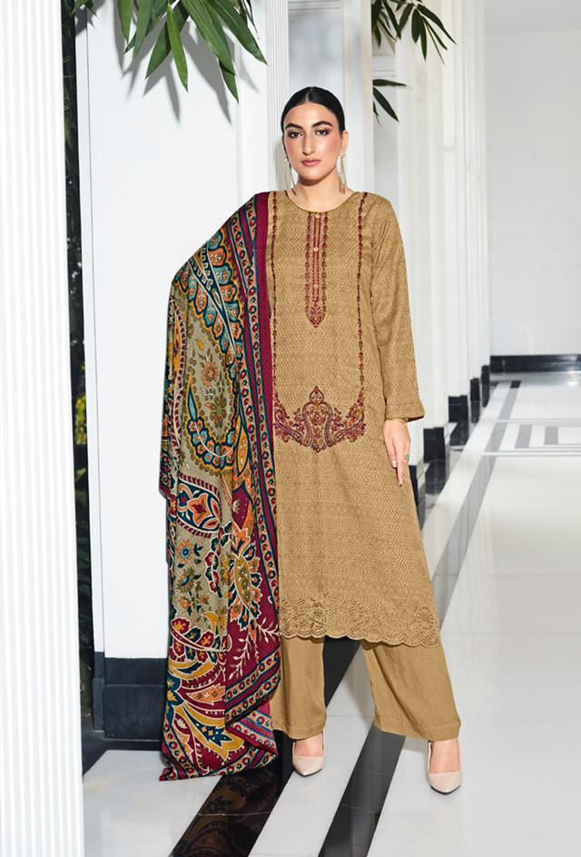 Mumtaz Arts Pashmina Brown Winter Unstitched Suits for Ladies - Stilento