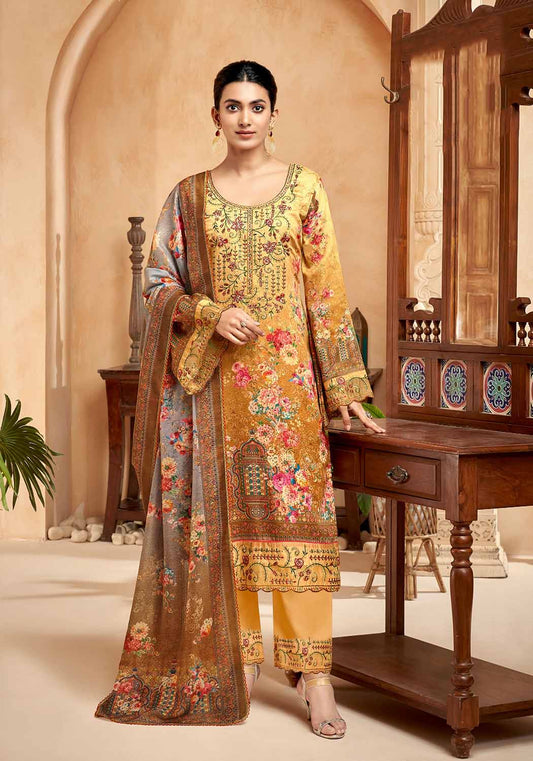 Unstitched Pakistani Print Cotton Suit Material with Embroidery Yellow