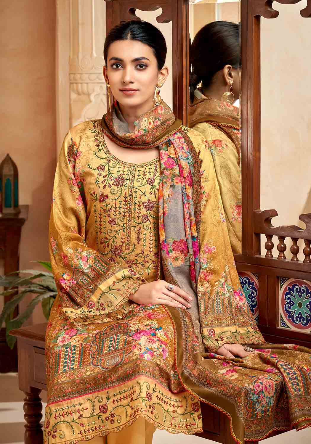 Unstitched Pakistani Print Cotton Suit Material with Embroidery Yellow