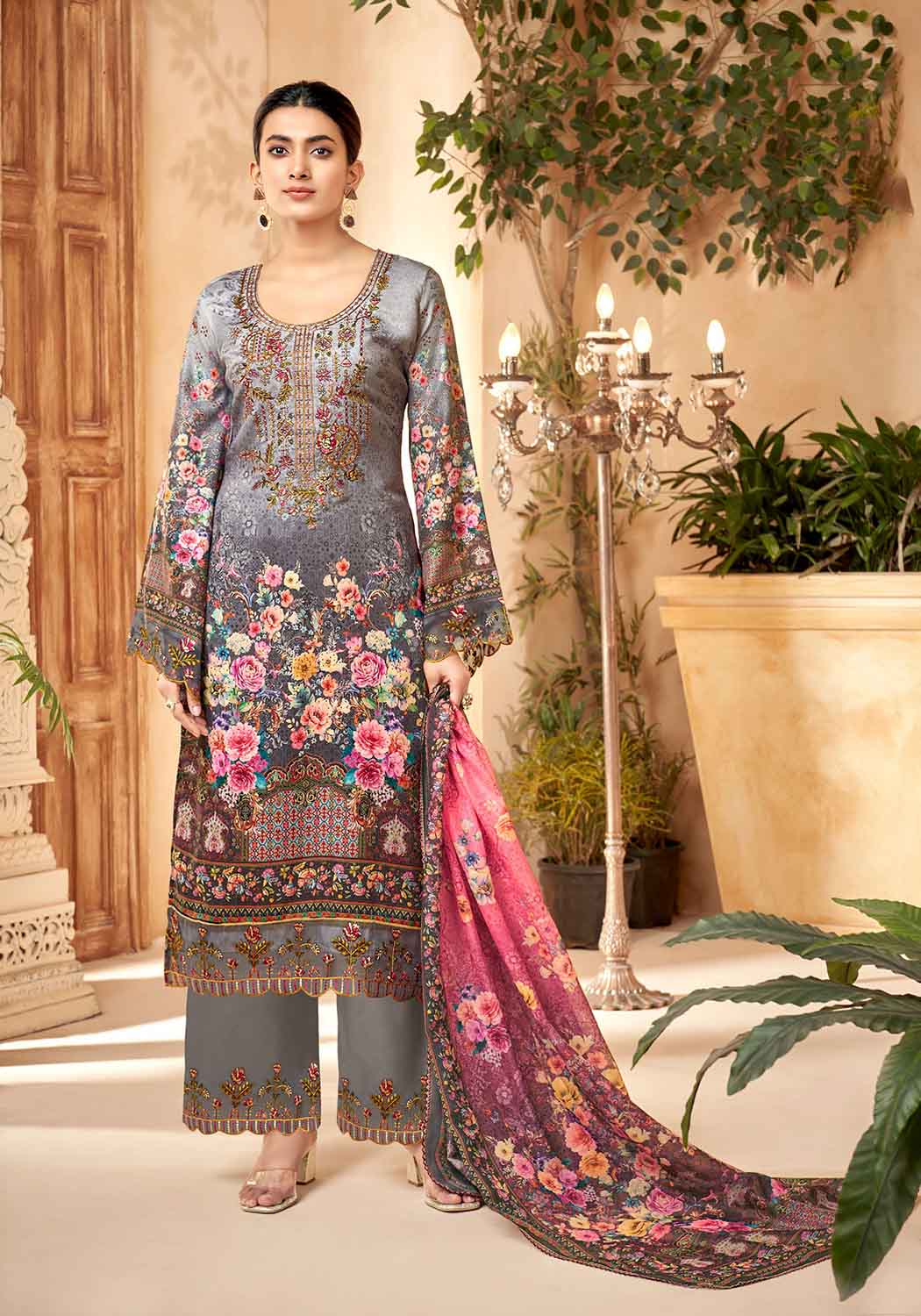 Unstitched Pakistani Print Cotton Suit Material with Embroidery Grey