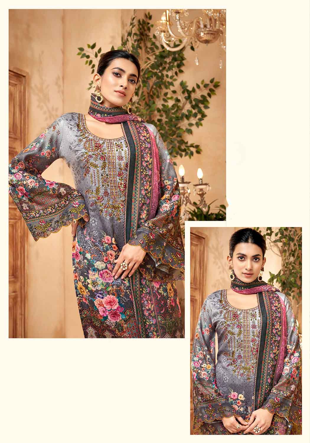 Unstitched Pakistani Print Cotton Suit Material with Embroidery Grey