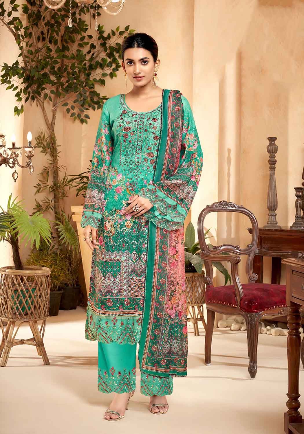 Unstitched Pakistani Print Cotton Suit Material with Embroidery