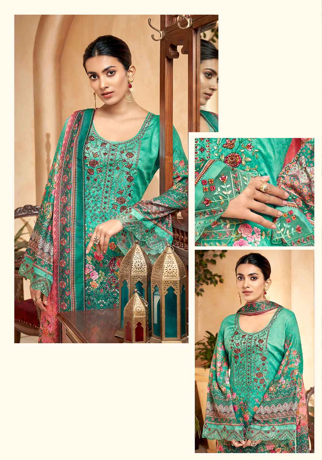 Unstitched Pakistani Print Cotton Suit Material with Embroidery