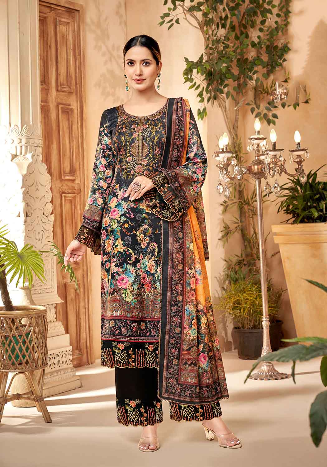 Unstitched Pakistani Print Cotton Suit Material with Embroidery Black
