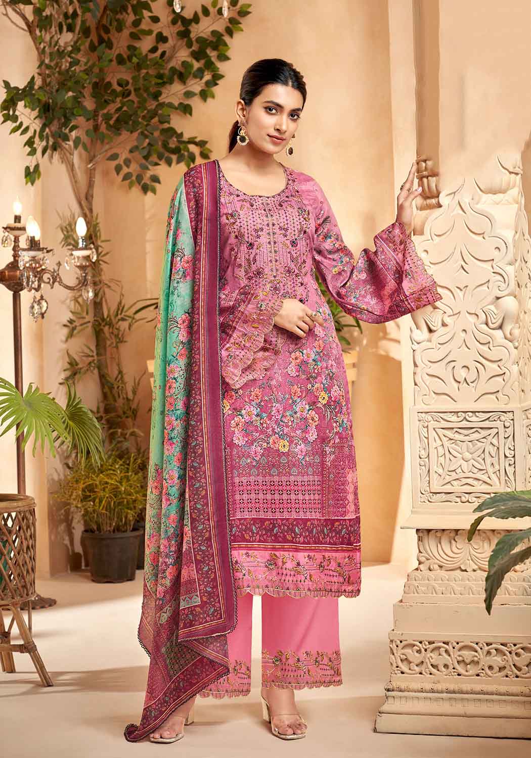 Unstitched Pakistani Print Cotton Suit Material with Embroidery Pink