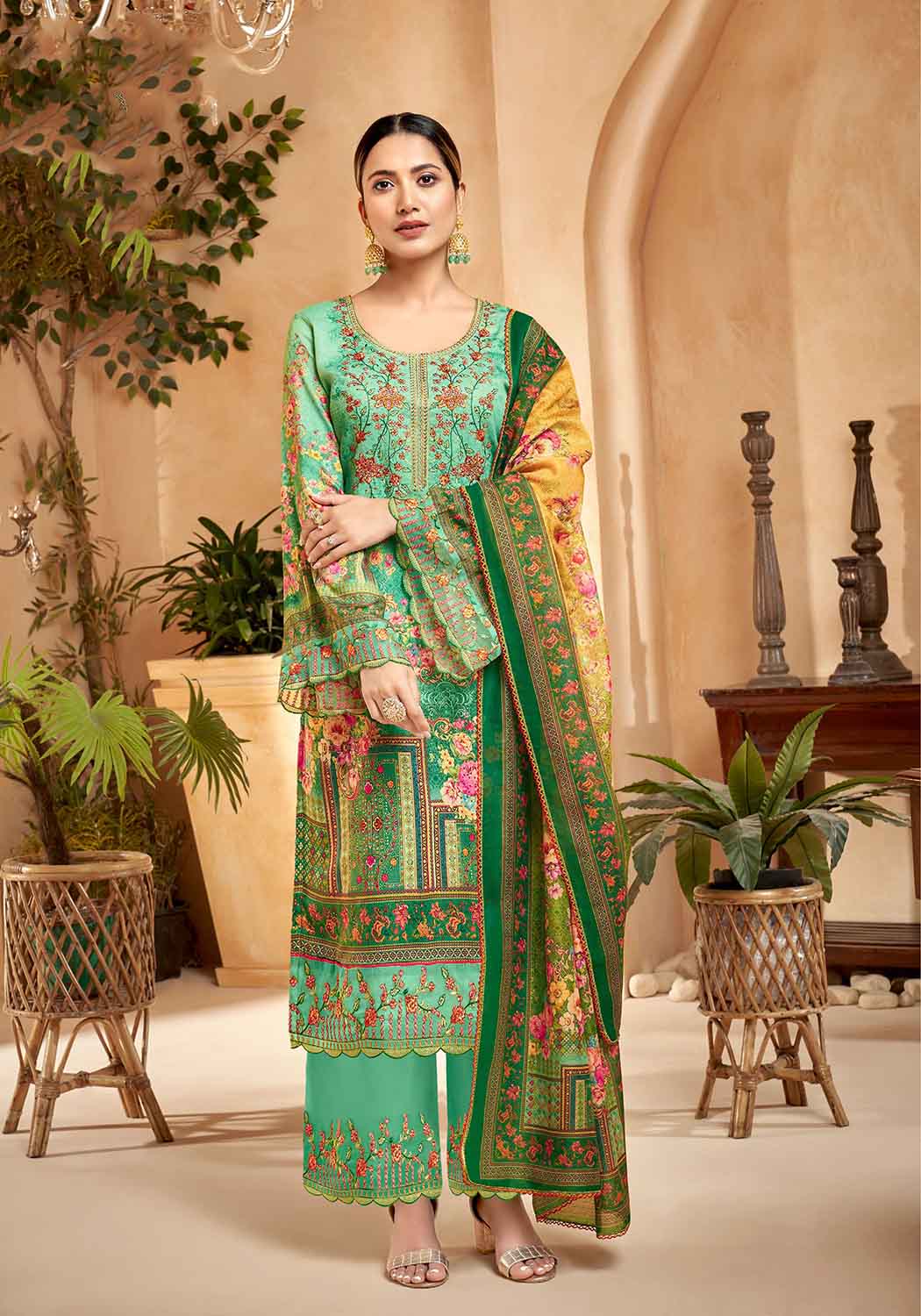 Unstitched Pakistani Print Cotton Suit Material with Embroidery Green