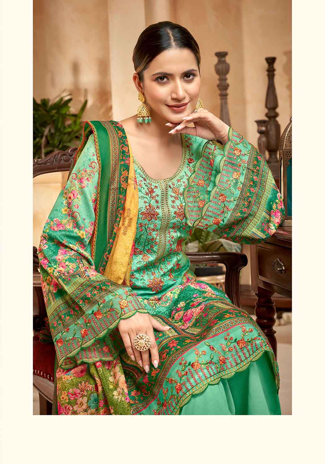 Unstitched Pakistani Print Cotton Suit Material with Embroidery Green