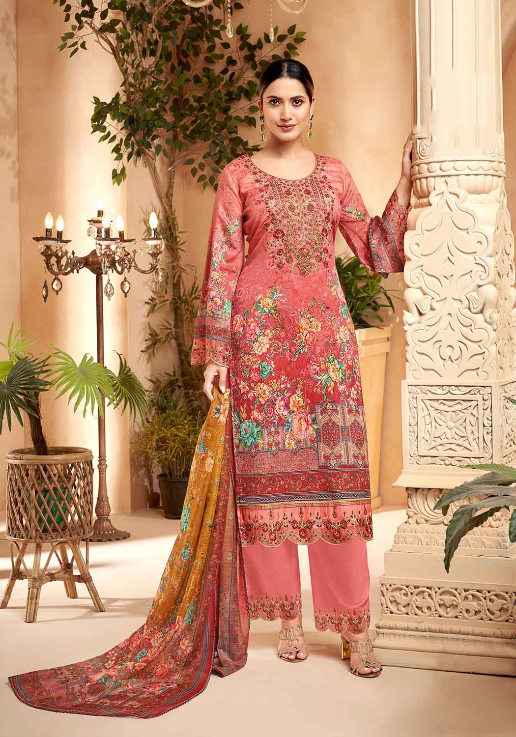 Unstitched Pakistani Print Cotton Suit Material with Embroidery