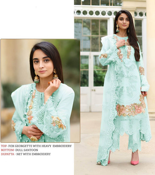 Faux Georgette Pakistani Style Unstitched Sky Blue Suits With Net Dupatta