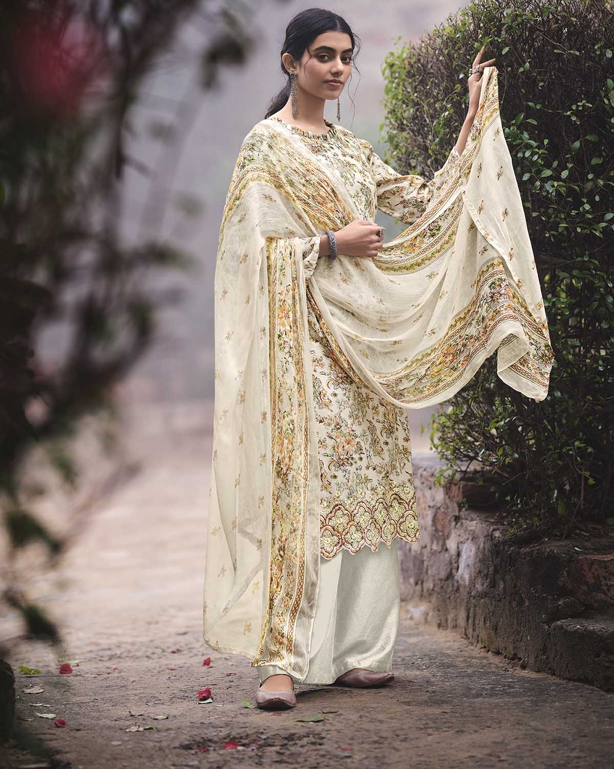 Unstitched Cotton Printed Suit Material with Embroidery Off-White