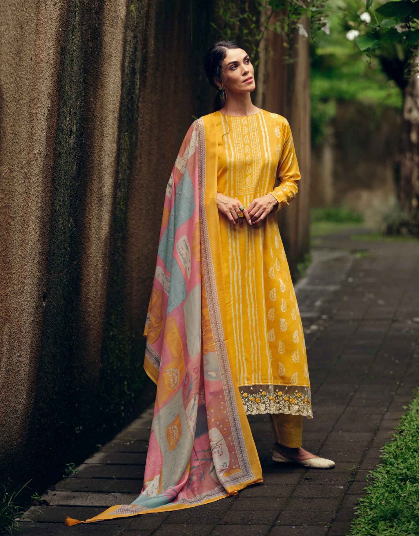 Pure Cotton Silk Yellow Unstitched Ladies Suit Material With Embroidery - Stilento