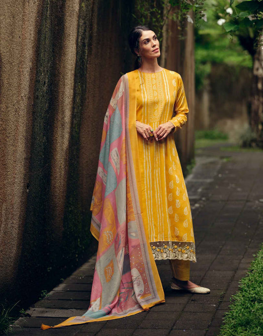 Pure Cotton Silk Yellow Unstitched Ladies Suit Material With Embroidery