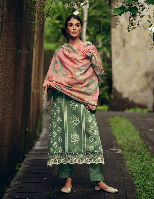 Pure Cotton Silk Green Unstitched Ladies Suit Material With Embroidery - Stilento