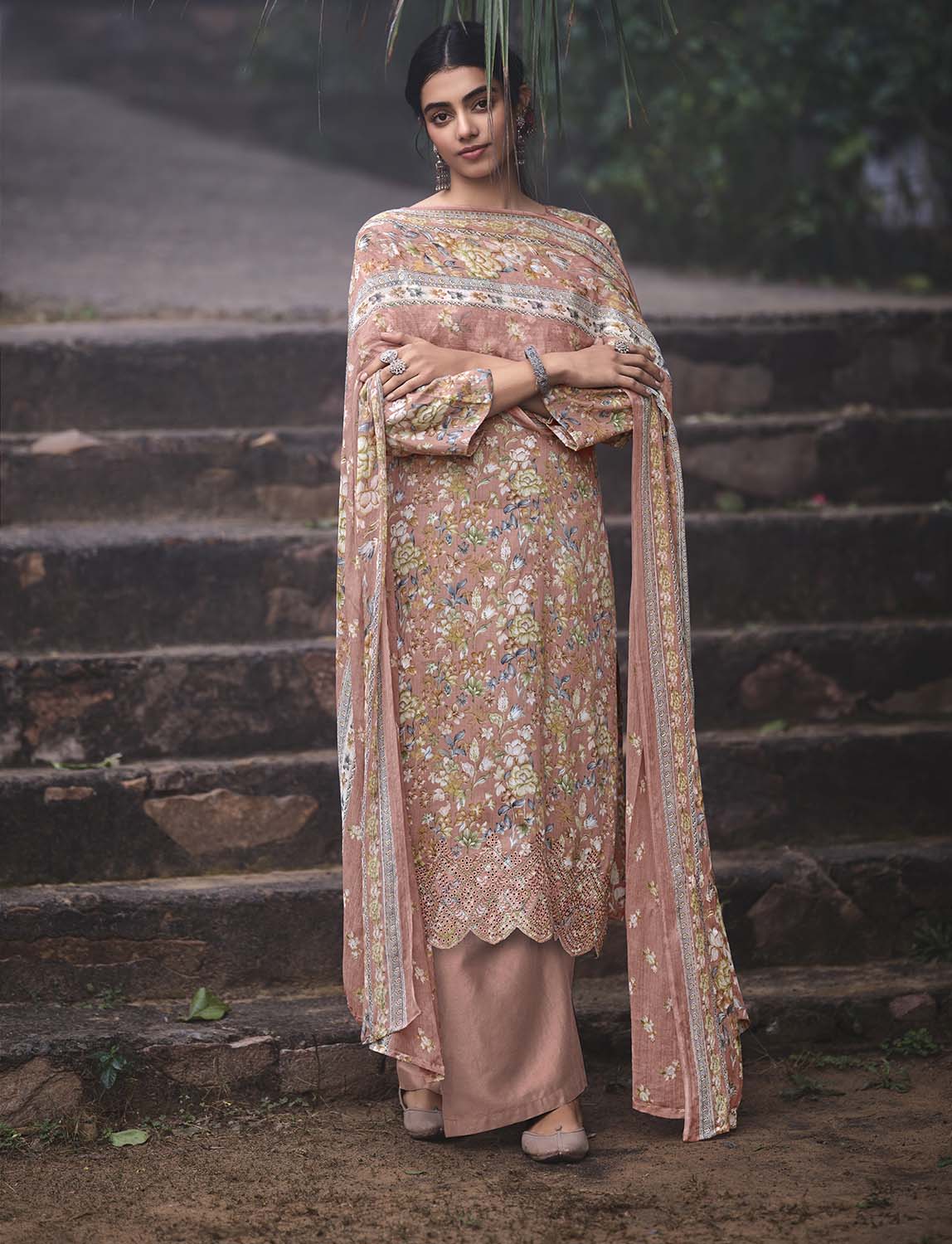 Unstitched Cotton Printed Suit Material with Heavy Embroidery