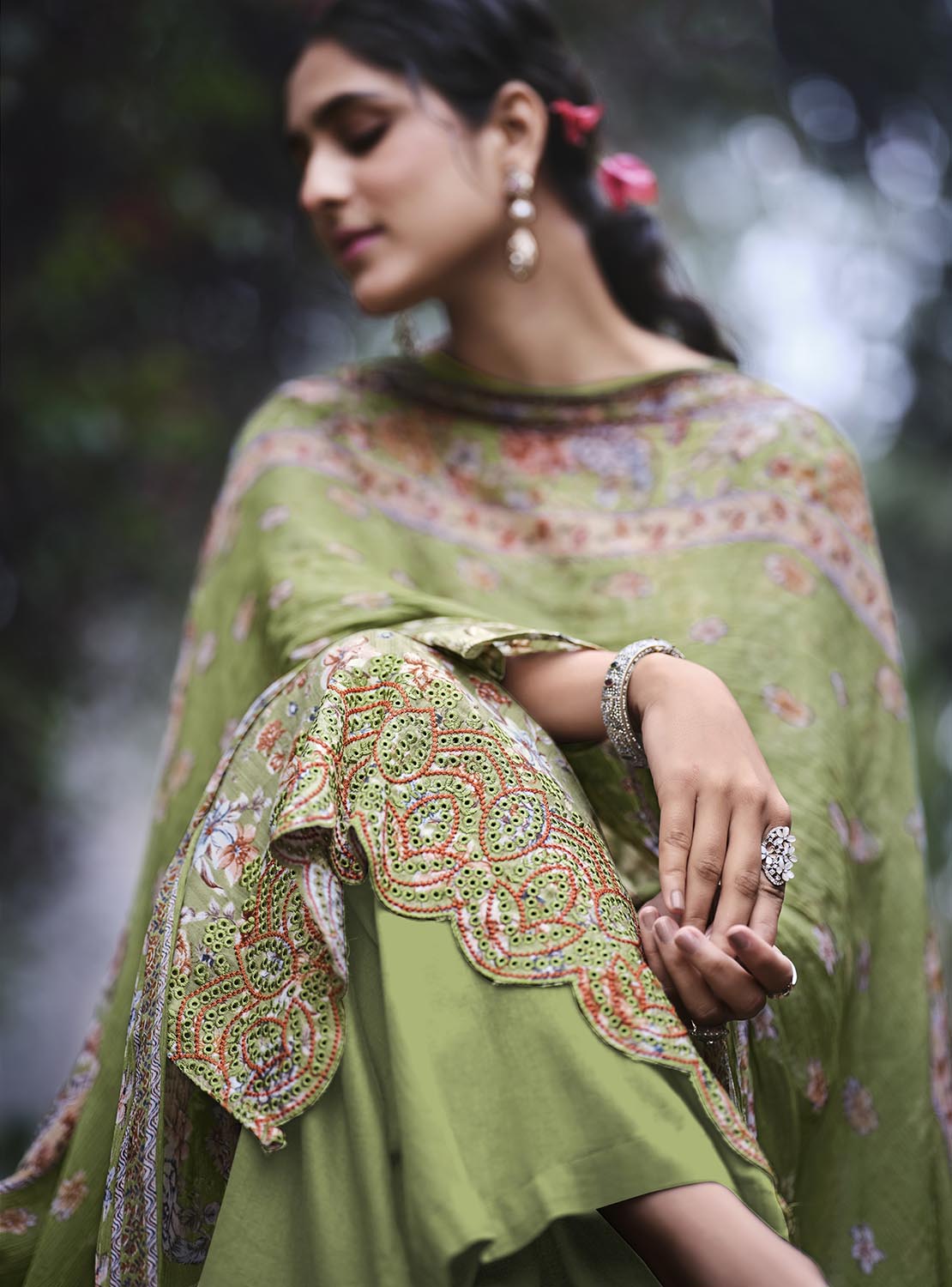 Unstitched Green Cotton Women Salwar Suit Material with Embroidery