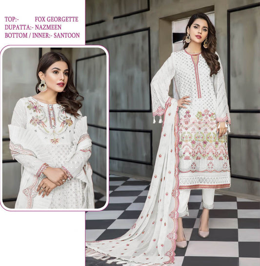 Faux Georgette Pakistani Unstitched White Salwar Suits