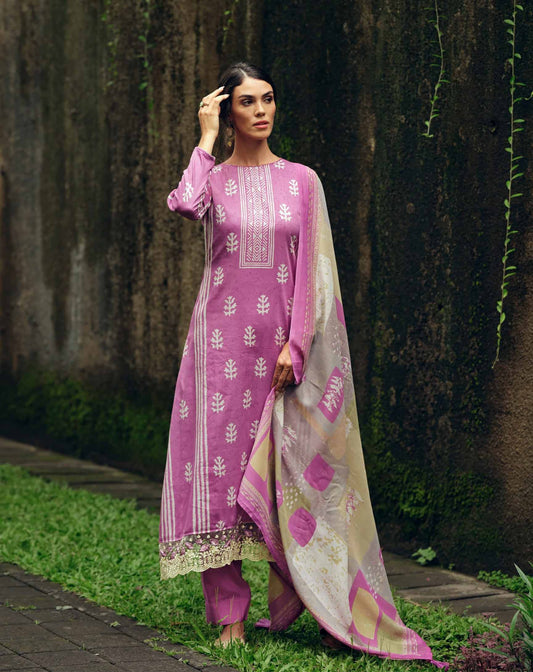 Pure Cotton Silk Purple Unstitched Ladies Suit Material With Embroidery