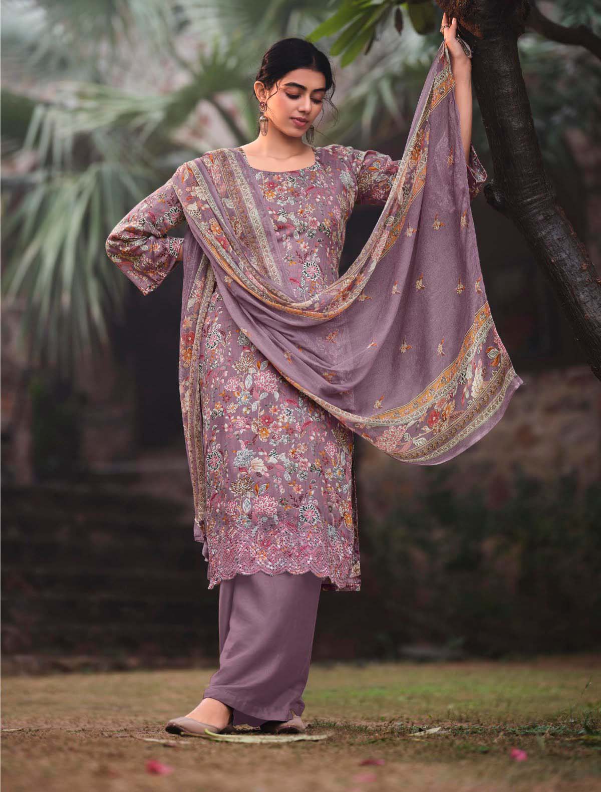 Unstitched Cotton Printed Suit Material with Embroidery Lilac