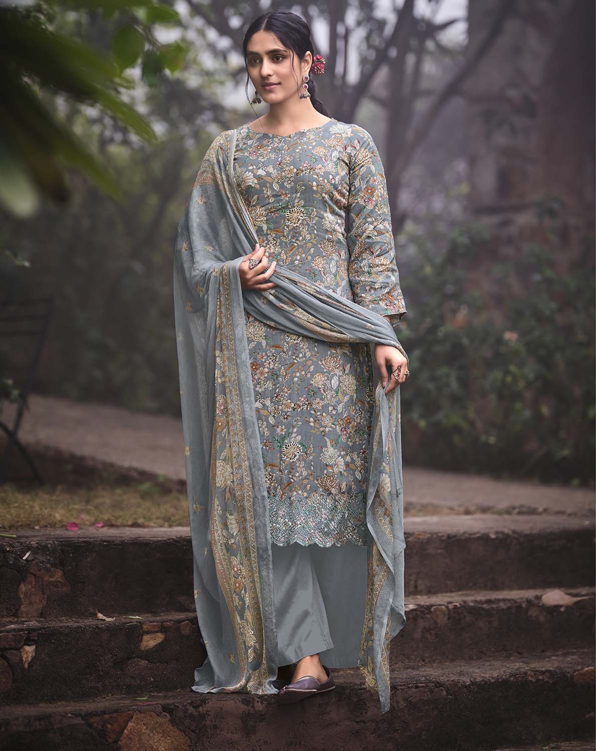 Unstitched Cotton Printed Suit Material with Embroidery Grey