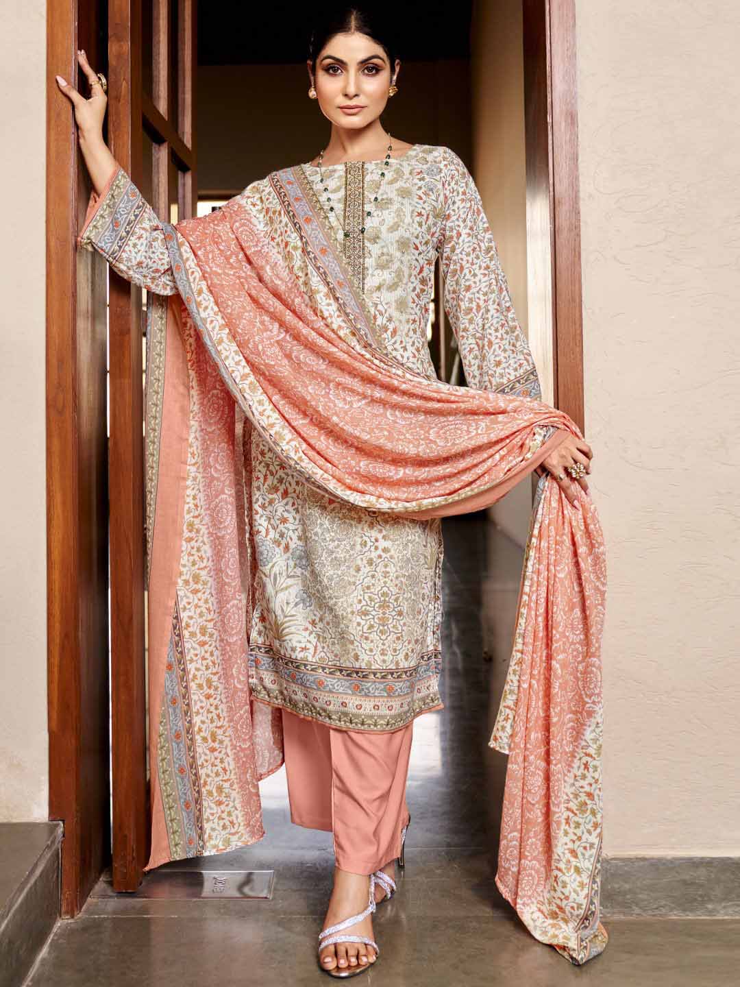 Zulfat Cotton Block Printed Unstitched Suit Set with Embroidery Peach