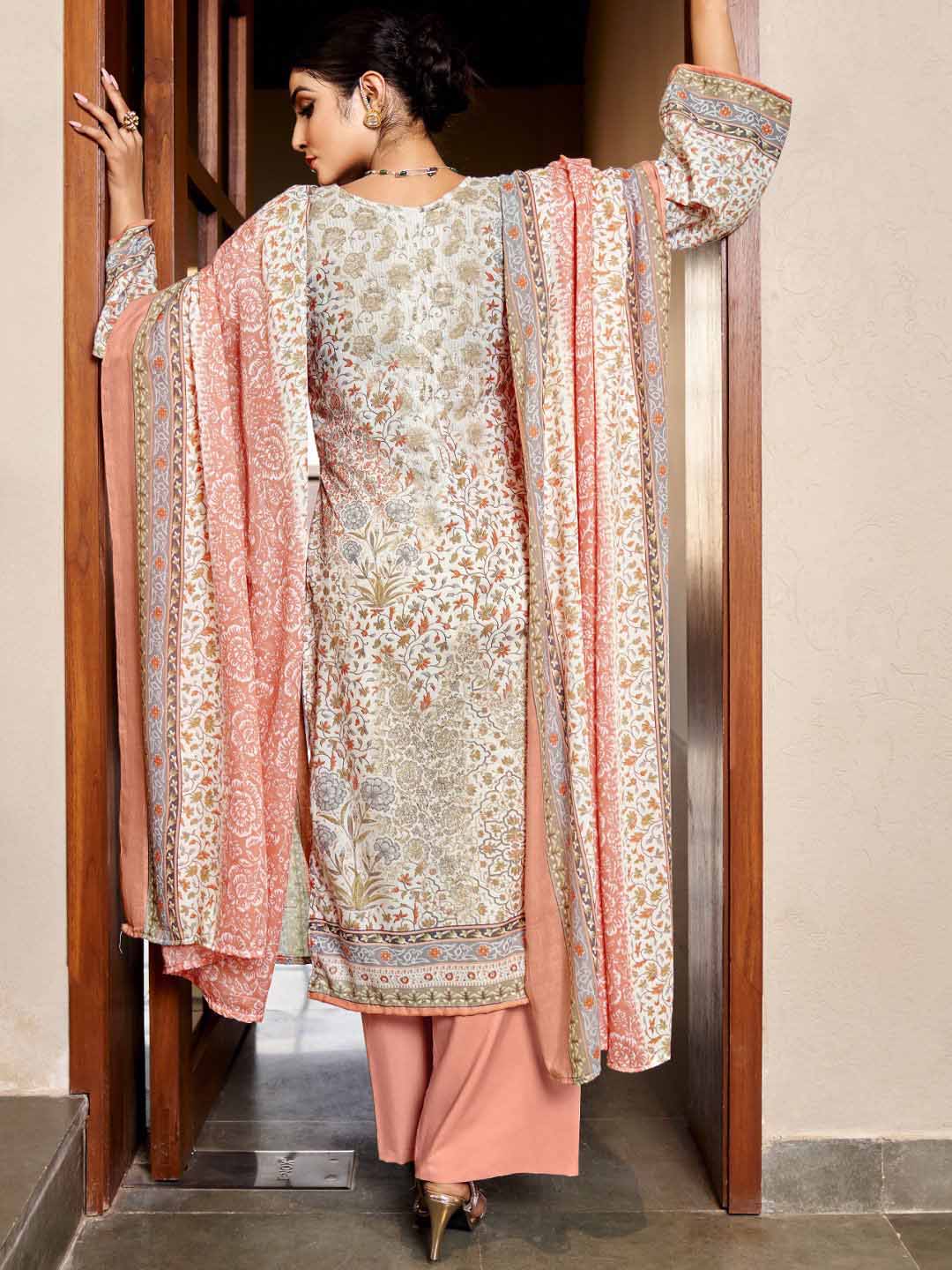 Zulfat Cotton Block Printed Unstitched Suit Set with Embroidery Peach