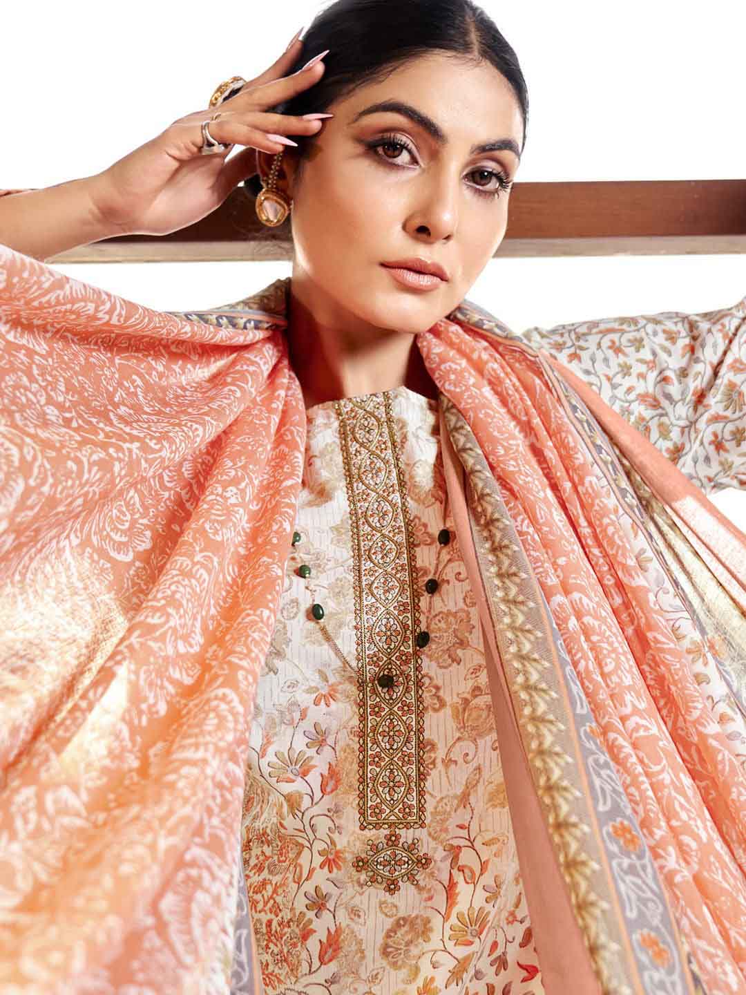 Zulfat Cotton Block Printed Unstitched Suit Set with Embroidery Peach