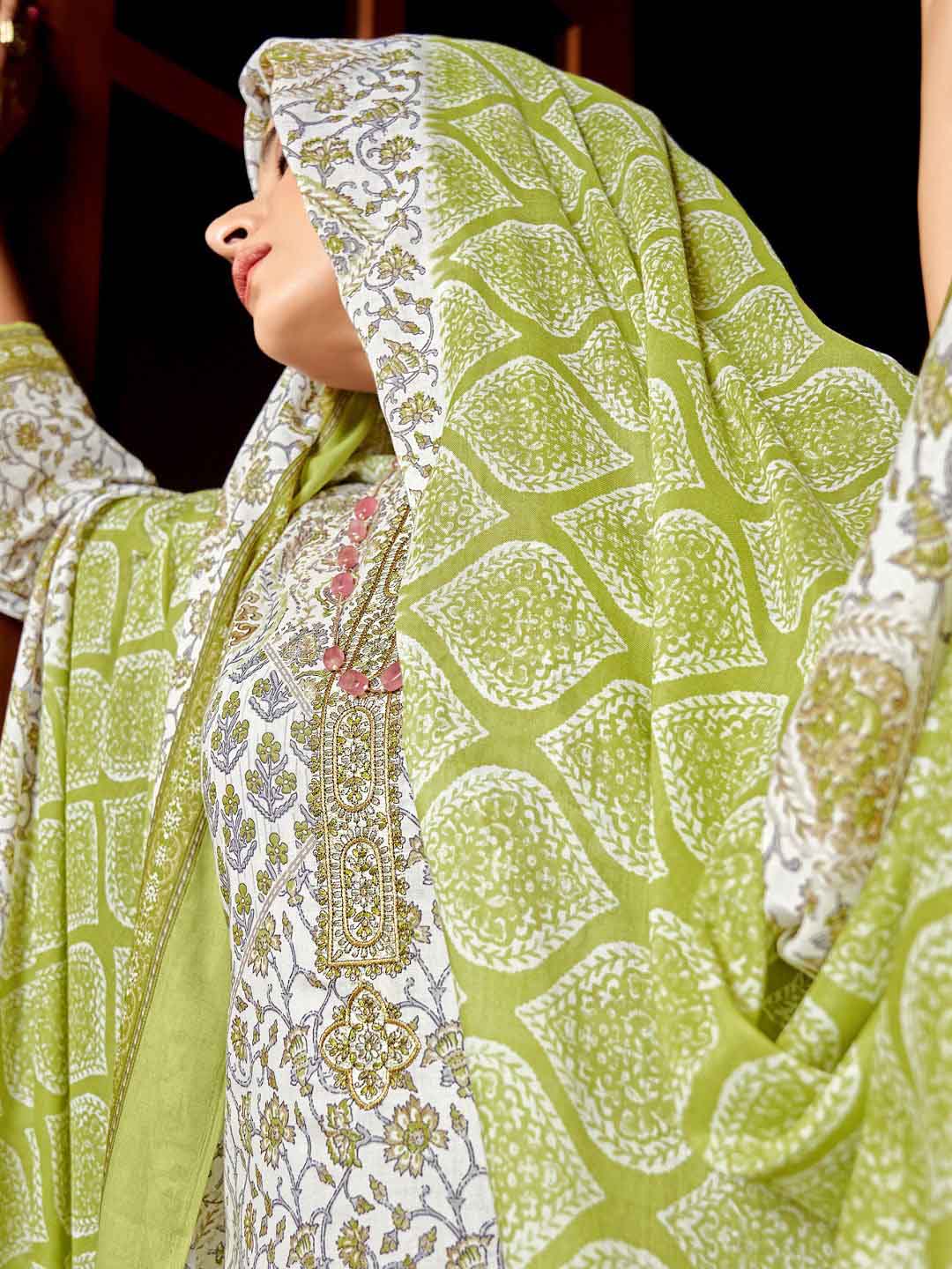 Zulfat Cotton Block Printed Unstitched Suit Set with Embroidery Green