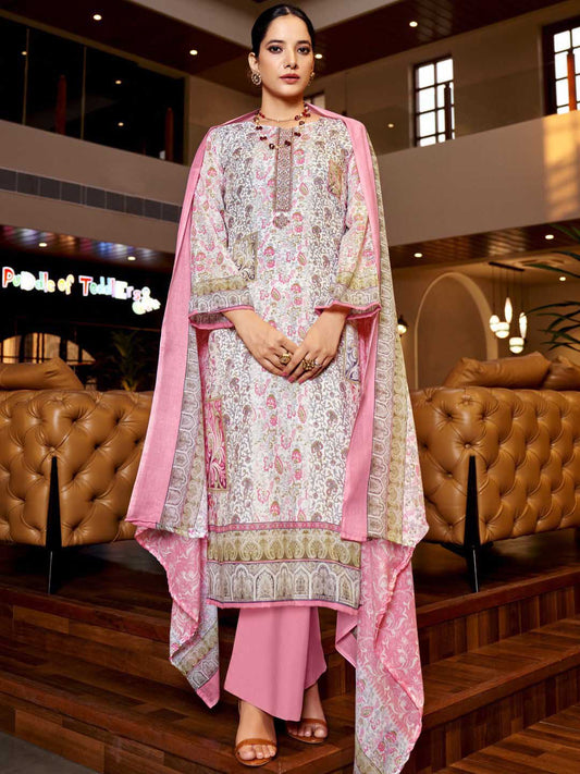 Zulfat Cotton Block Printed Unstitched Suit Set with Embroidery Pink