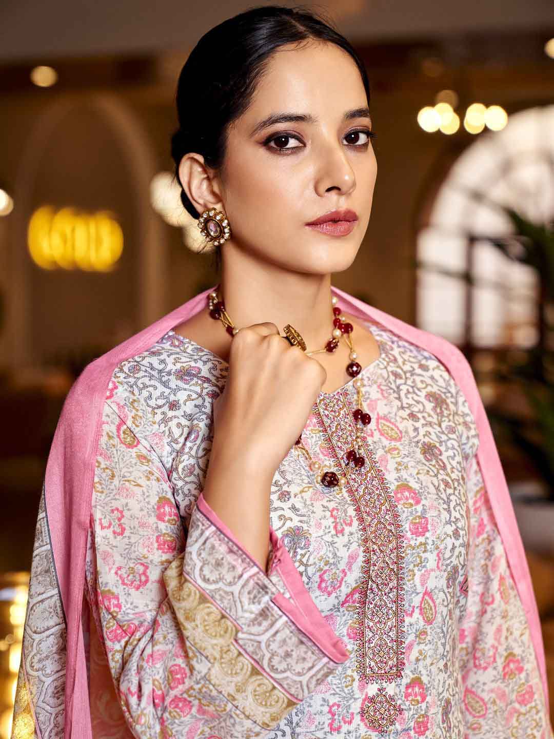 Zulfat Cotton Block Printed Unstitched Suit Set with Embroidery Pink