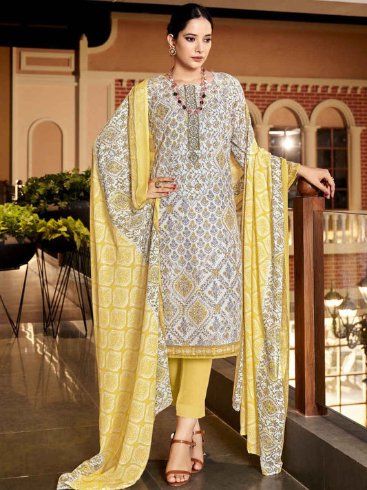 Zulfat Cotton Block Printed Unstitched Suit Set with Embroidery Yellow